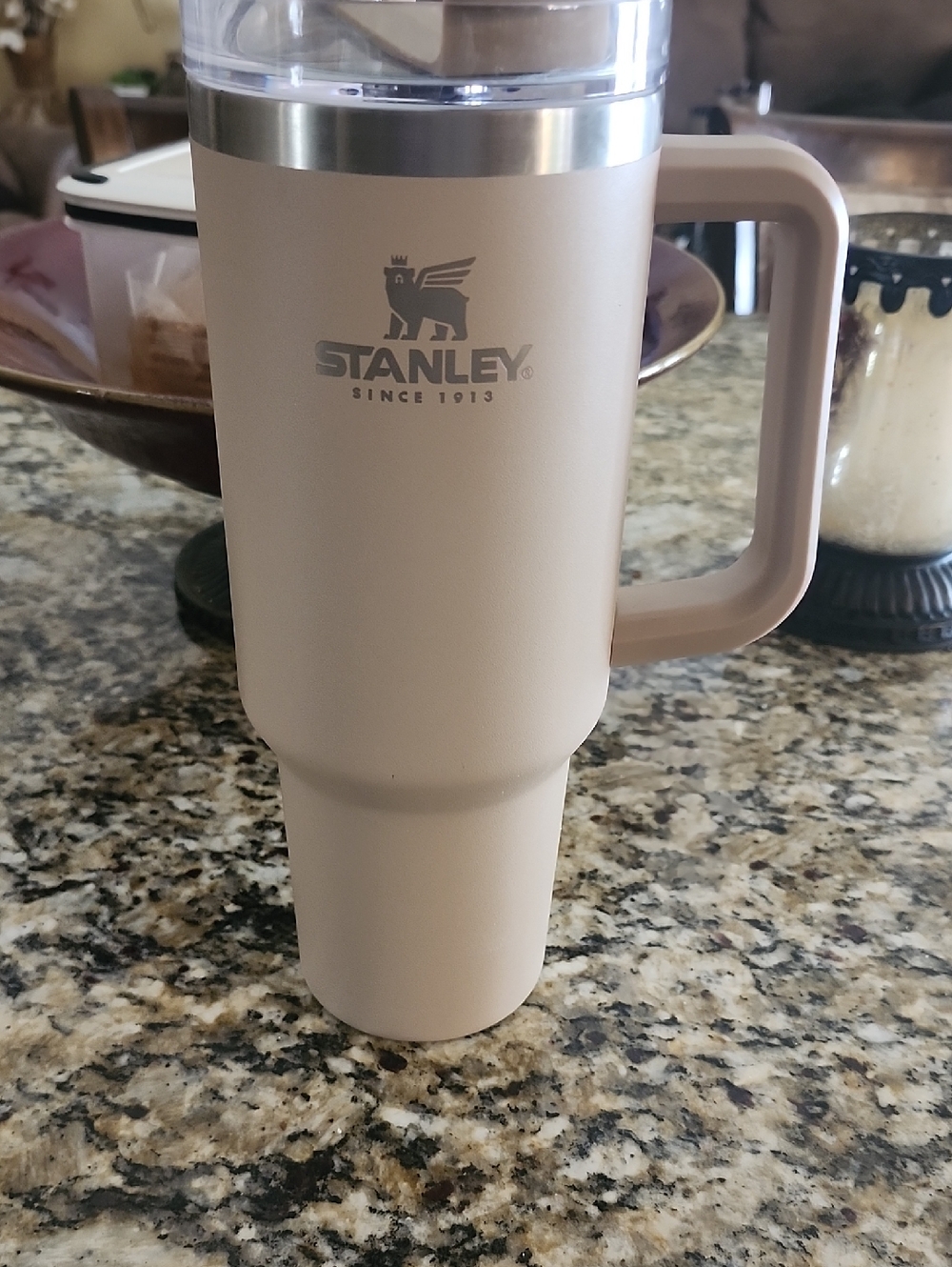 Stanley Beige/Tan Travel Mug with Handle and Clear Lid